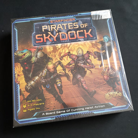 Image shows the front cover of the box of the Starfinder: Pirates of Skydock board game