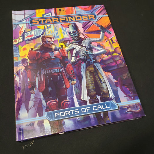 Image shows the front cover of the Ports of Call book for the roleplaying game Starfinder: First Edition