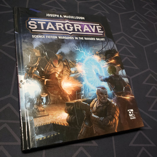 Image shows the front cover of the Stargrave: Science Fiction Wargames in the Ravaged Galaxy wargaming book