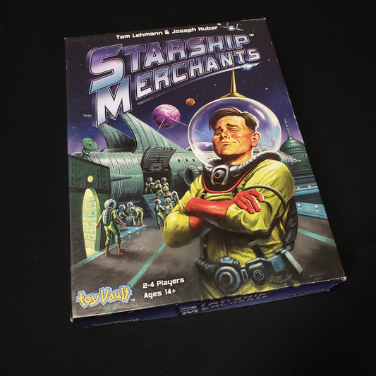 Image shows the front cover of the box of the Starship Merchants board game