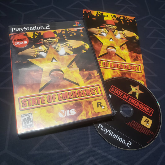 Image shows the case, manual and disc for the video game State of Emergency for Playstation 2
