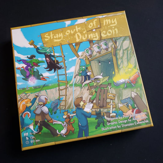 Image shows the front cover of the box of the Stay Out Of My Dungeon! board game