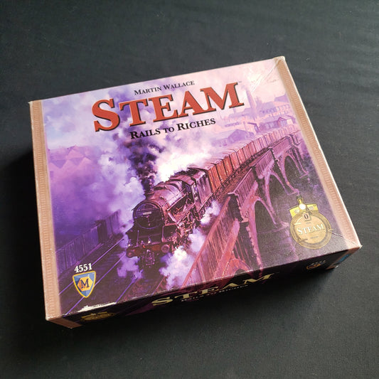 Image shows the front cover of the box of the Steam: Rails to Riches board game