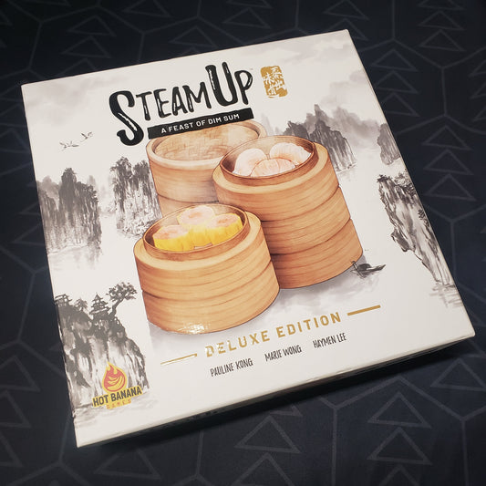 Image shows the front cover of the box of the Steam Up board game
