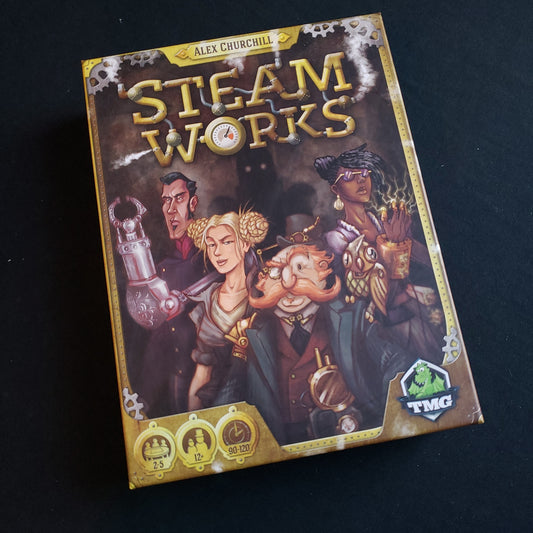 Image shows the front cover of the box of the Steam Works board game