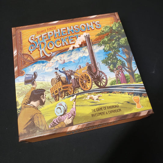 Image shows the front cover of the box of the Stephenson's Rocket board game