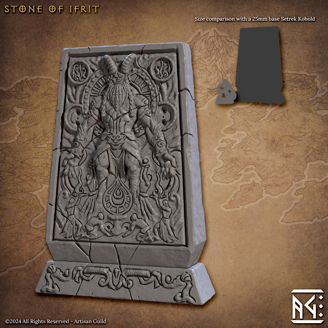 Image shows an 3D render of a ifrit summoning stone gaming terrain miniature, made to look carved in relief
