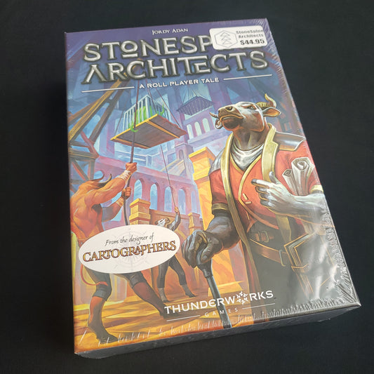 Image shows the front cover of the box of the Stonespine Architects board game