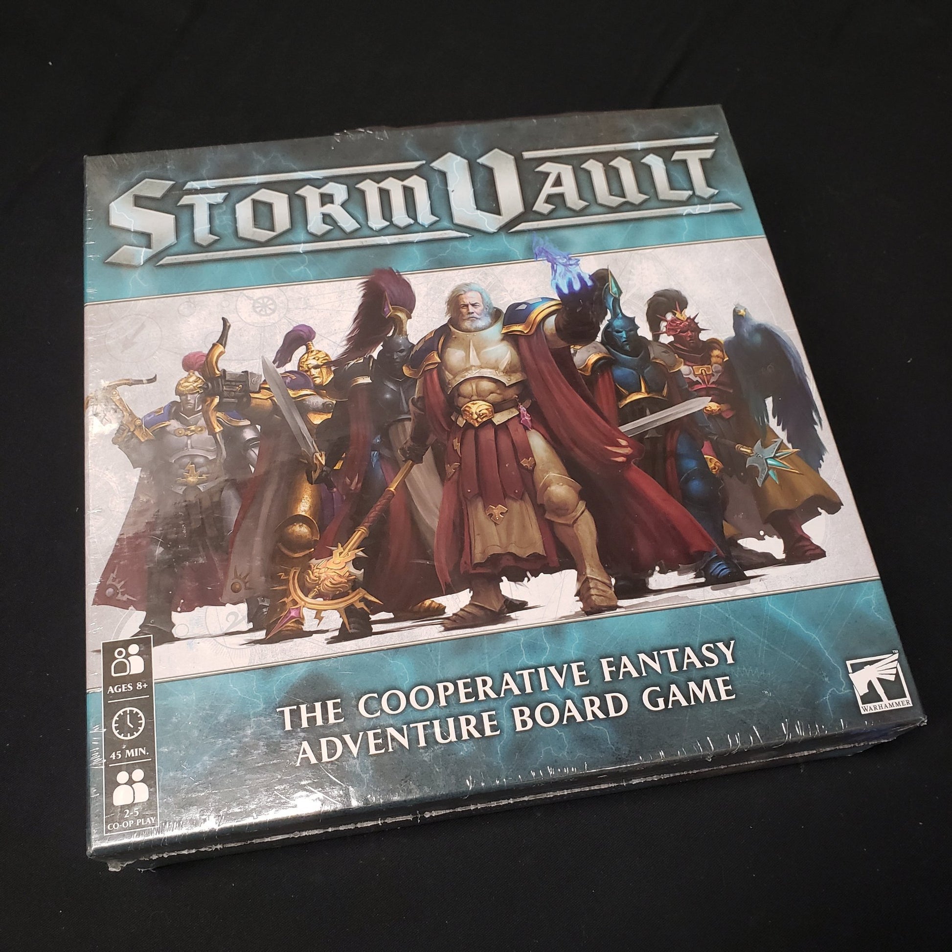 Image shows the front cover of the box of the Stormvault board game