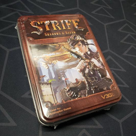 Image shows the front cover of the box for the Strife: Shadows & Steam card game