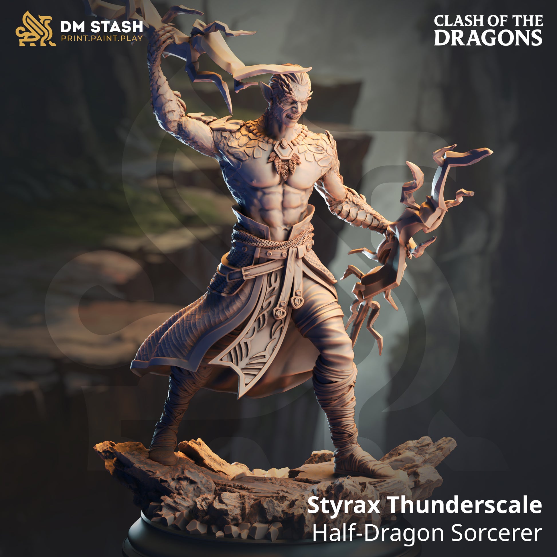 Image shows a 3D render of a half-dragonborn sorcerer gaming miniature.