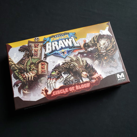 Image shows the front of the box for the Circle of Blood Expansion for the Super Fantasy Brawl board game