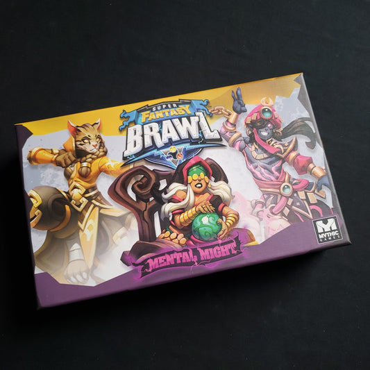 Image shows the front of the box for the Mental Might Expansion for the Super Fantasy Brawl board game