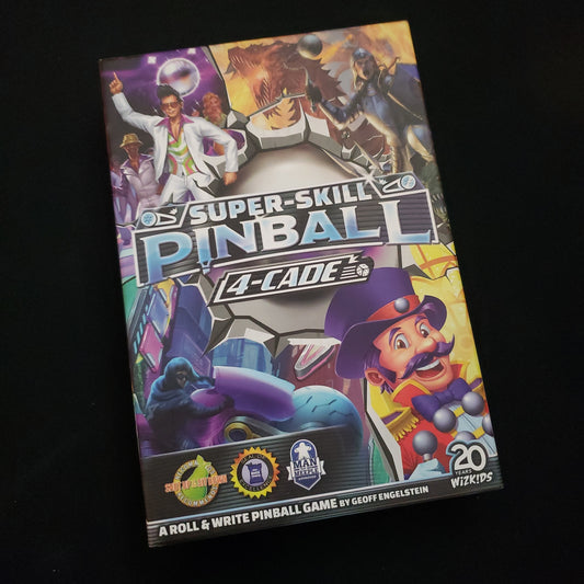 Image shows the front cover of the box of the Super-Skill Pinball: 4-Cade board game