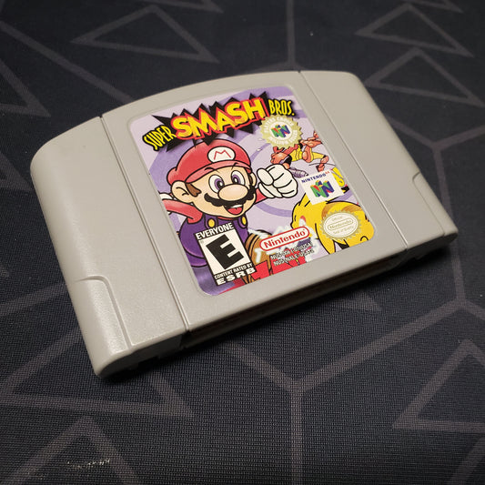 Image shows the front of the cartridge for the video game Super Smash Bros. for the Nintendo 64