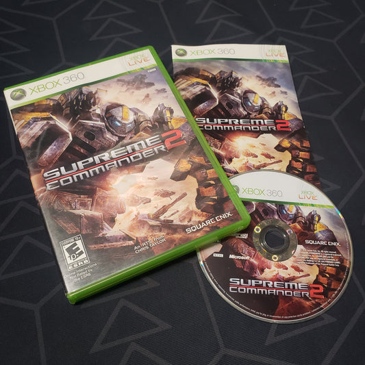 Image shows the case, manual and disc for the video game Supreme Commander 2 for Xbox 360