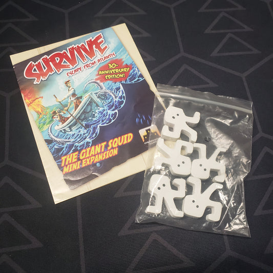 Image shows the instructions & components of the Giant Squid Mini expansion for the board game Survive: Escape from Atlantis!