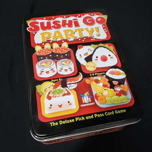 Image shows the front cover of the box of the Sushi Go Party! card game