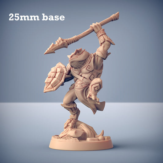 Image shows a 3D render of a frogfolk fighter gaming miniature.