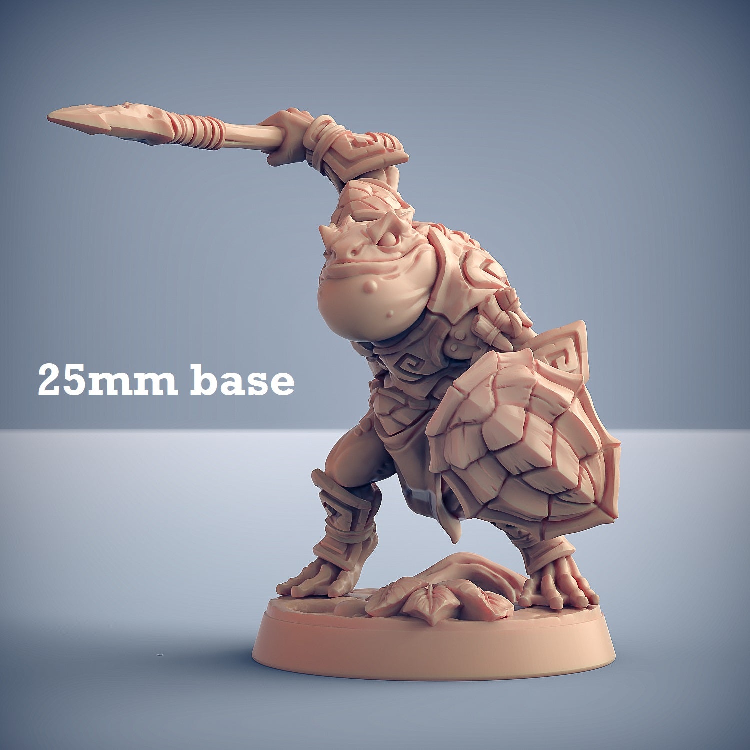 Image shows a 3D render of a frogfolk fighter gaming miniature.