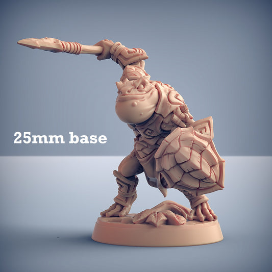Image shows a 3D render of a frogfolk fighter gaming miniature.