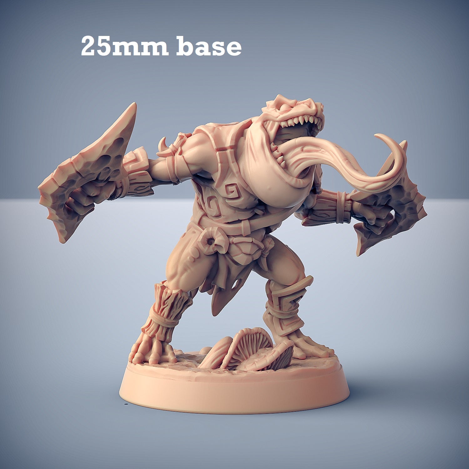 Image shows a 3D render of a frogfolk fighter gaming miniature.