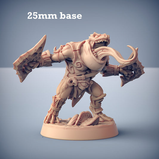 Image shows a 3D render of a frogfolk fighter gaming miniature.