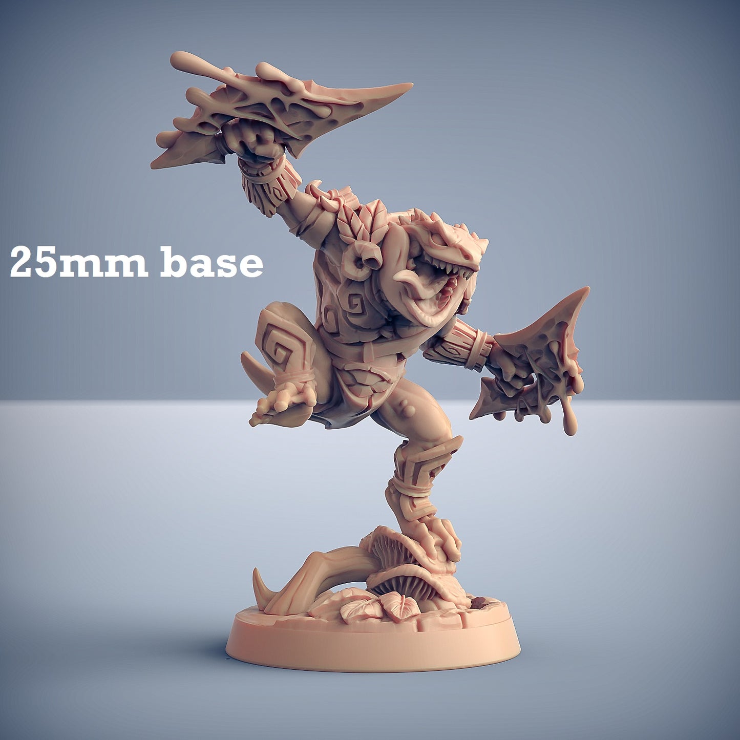 Image shows a 3D render of a frogfolk fighter gaming miniature.