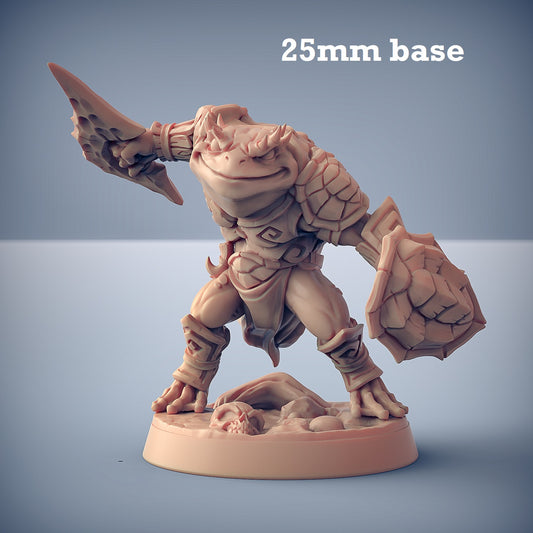 Image shows a 3D render of a frogfolk fighter gaming miniature.