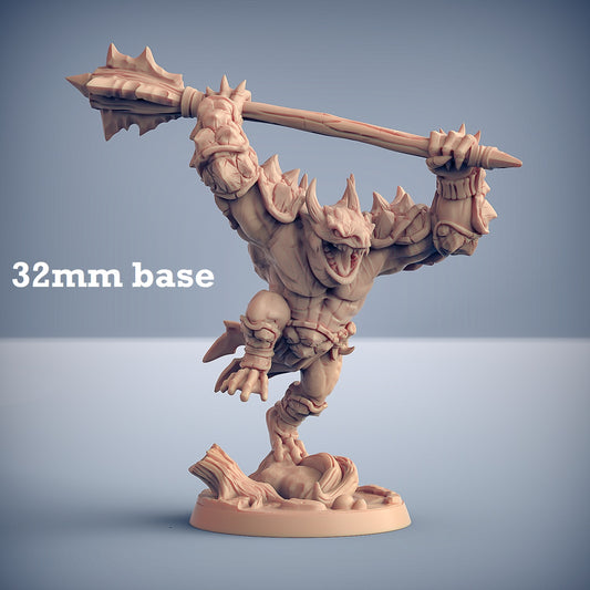 Image shows a 3D render of a frogfolk barbarian gaming miniature.