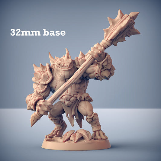 Image shows a 3D render of a frogfolk barbarian gaming miniature.