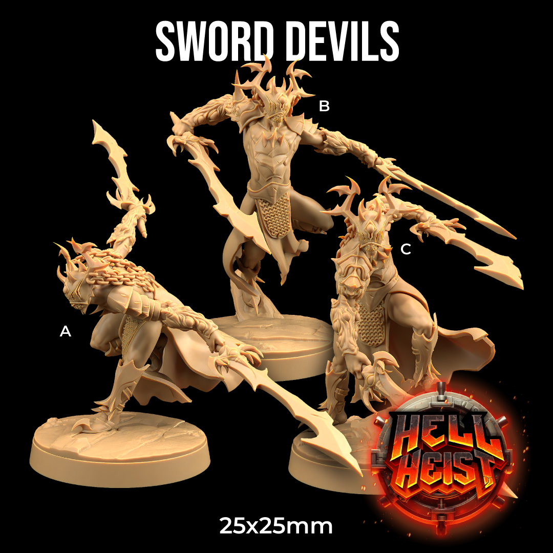 Image shows 3D renders of three different sculpt options for a demon swordfighter gaming miniature