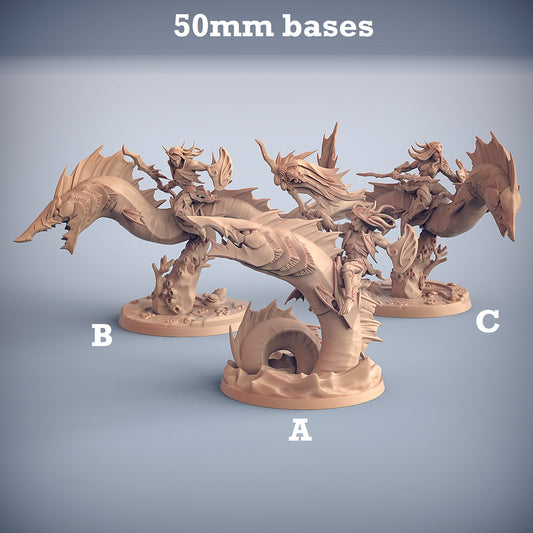 Image shows 3D renders for three different sculpt options of a gaming miniature featuring a merfolk warrior riding a monstrous eel