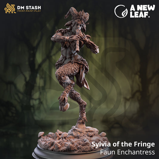 Image shows an 3D render of a faun enchantress gaming miniature, playing a flute