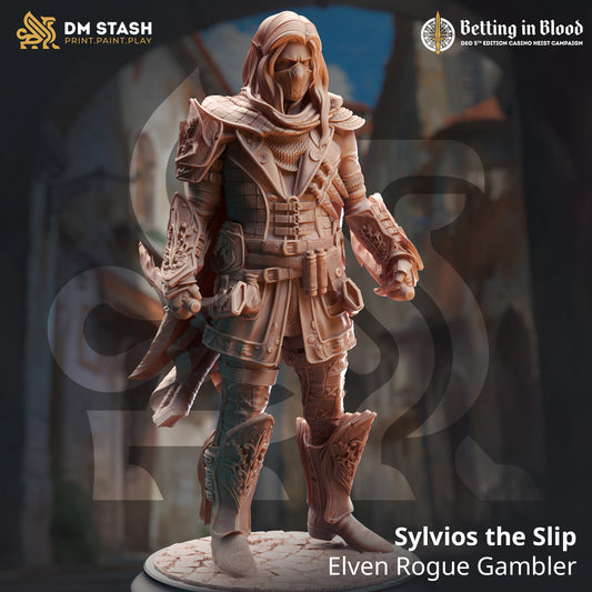 Image shows a 3D render of an elf rogue gaming miniature