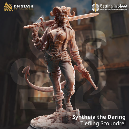 Image shows a 3D render of a tiefling rogue gaming miniature