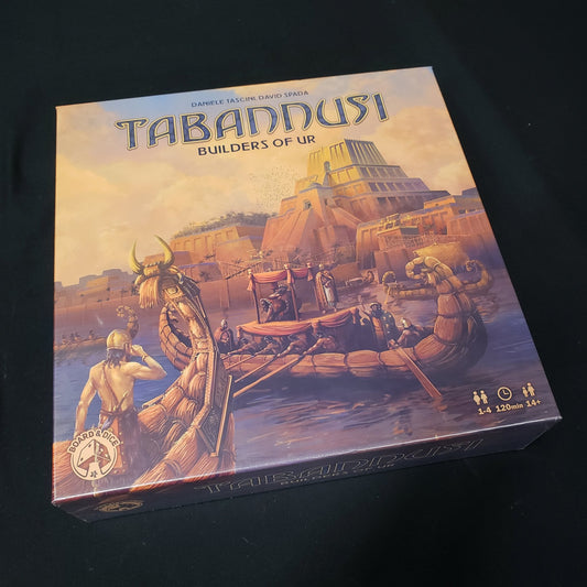 Image shows the front cover of the box of the board game Tabannusi: Builders of Ur