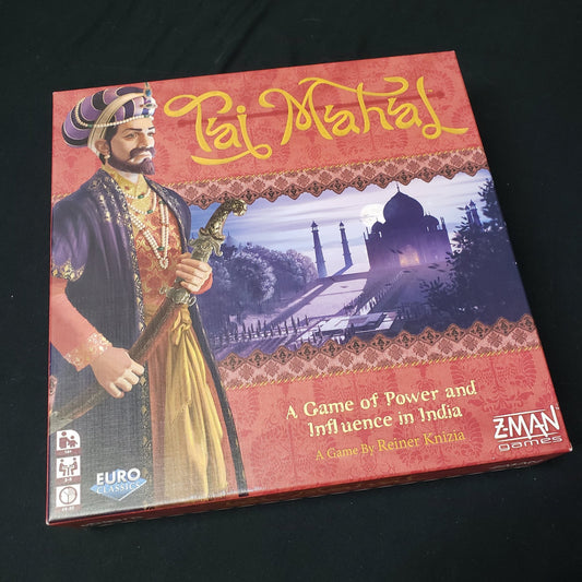 Image shows the front cover of the box of the Taj Mahal board game