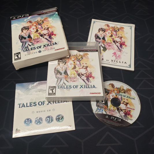 Image shows the case, manual, outer box, soundtrack music CD and game disc for the video game Tales of Xillia: Limited Edition for Playstation 3