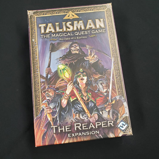 Image shows the front cover of the box of the Reaper expansion for the board game Talisman