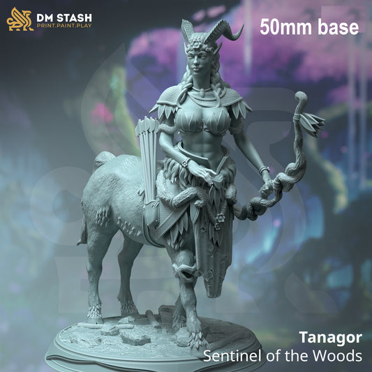 Image shows a 3D render of a dryad centaur gaming miniature holding a bow.