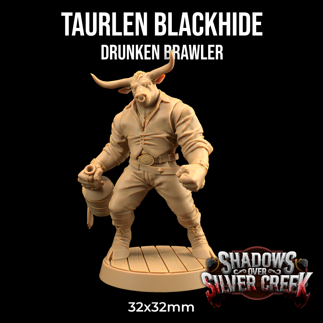 Image shows a 3D render of a minotaur brawler gaming miniature, wearing old west clothes and holding a jug