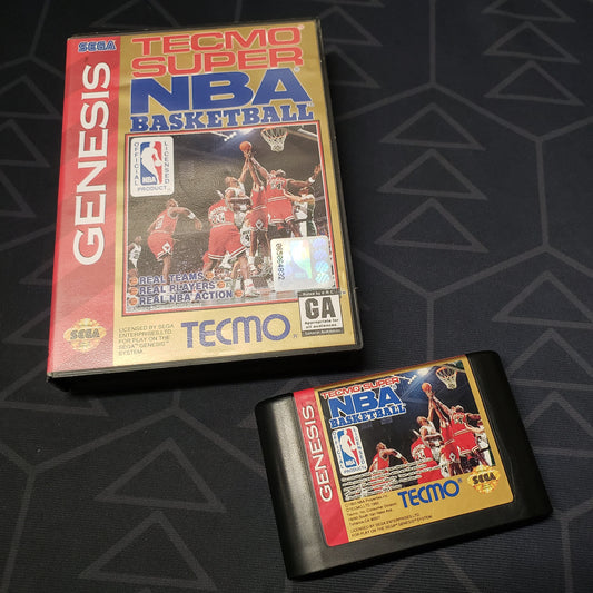 Image shows the case and cartridge for the video game Tecmo Super NBA Basketball for Sega Genesis