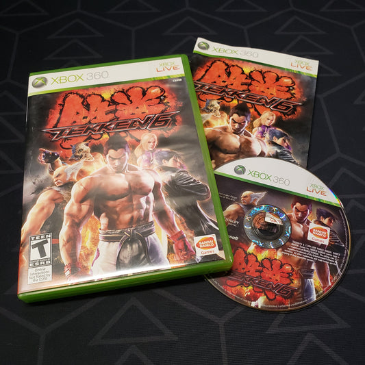 Image shows the case, manual and disc for the video game Tekken 6 for Xbox 360
