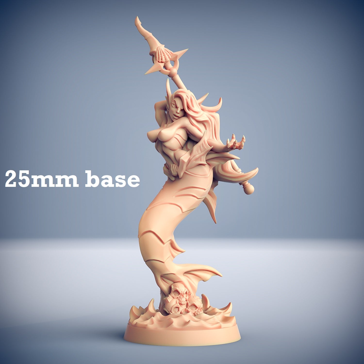 Image shows a 3D render of a mermaid warrior gaming miniature.