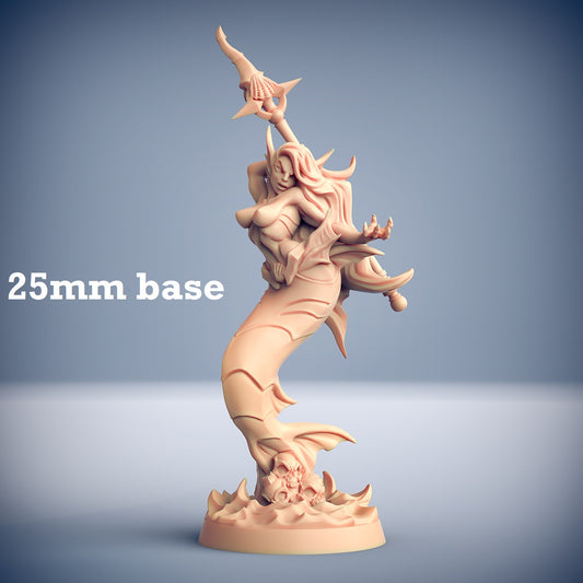 Image shows a 3D render of a mermaid warrior gaming miniature.