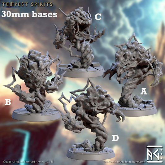 Image shows 3D renders for four different sculpt options of a storm elemental gaming miniature.