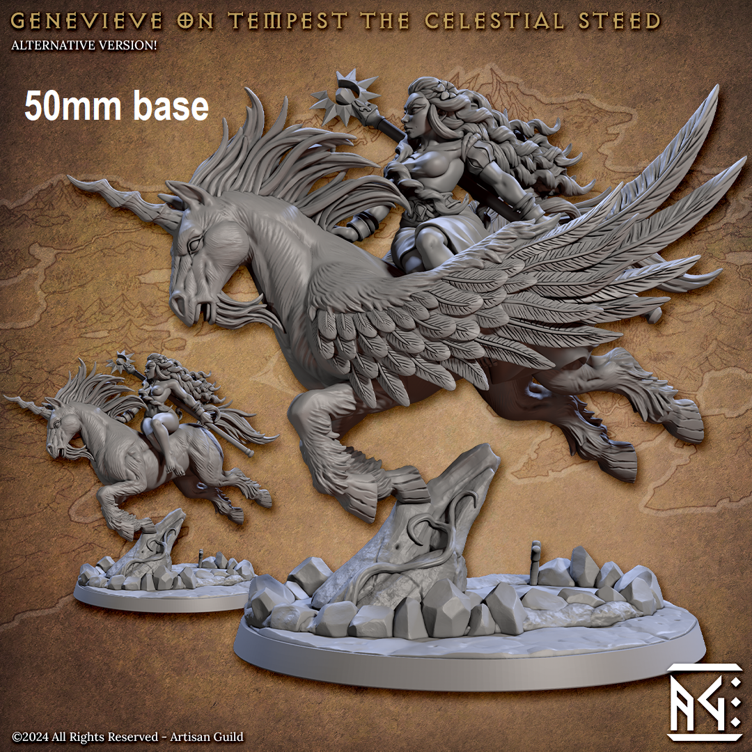 Image shows 3D renders for two different options for a mounted magical steed gaming miniature, both with a rider, one having pegasus wings and a unicorn horn and the other is just a unicorn 