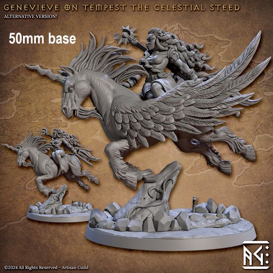 Image shows 3D renders for two different options for a mounted magical steed gaming miniature, both with a rider, one having pegasus wings and a unicorn horn and the other is just a unicorn 