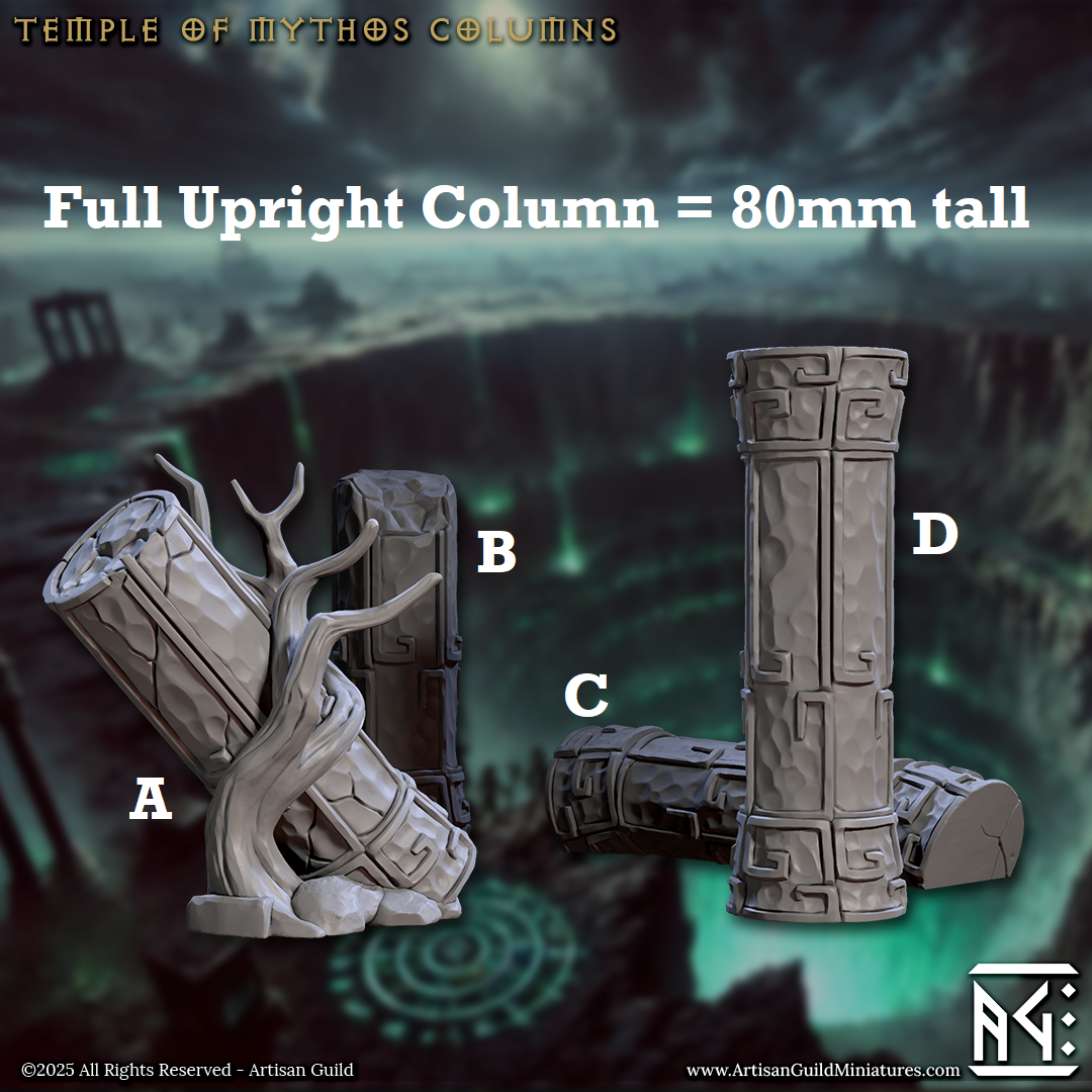 Image shows 3D renders of four different sculpt options for a temple column gaming miniature terrain